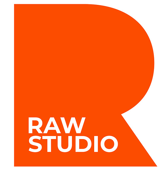 RAW STUDIO logo: bold orange R-shaped mark with white text reading 'RAW STUDIO'