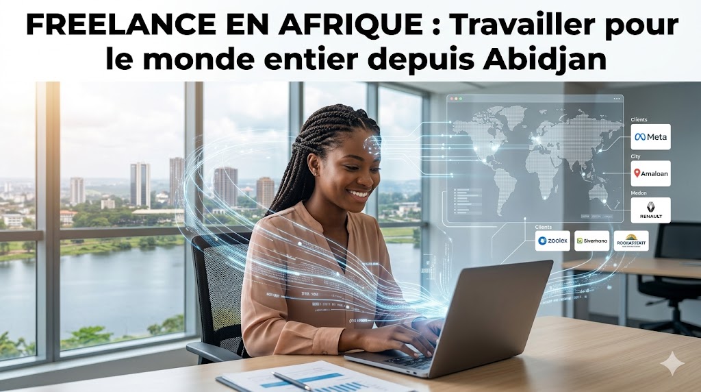 Femme africaine souriante travaillant sur un laptop avec des hologrammes et une carte du monde affichée à l'écran pour un travail à distance mondial, depuis Abidjan (tête du texte: Freelance en Afrique). (informative)