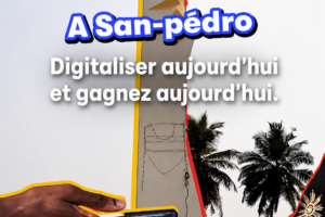 Promotional poster for San-Pédro digitalization; two people swap smartphones beside a tall monument and palm trees.