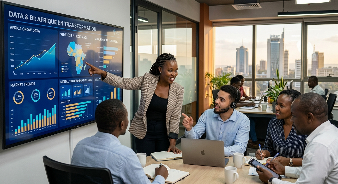 Diverse team in a modern office analyzing data dashboards on a large wall screen.