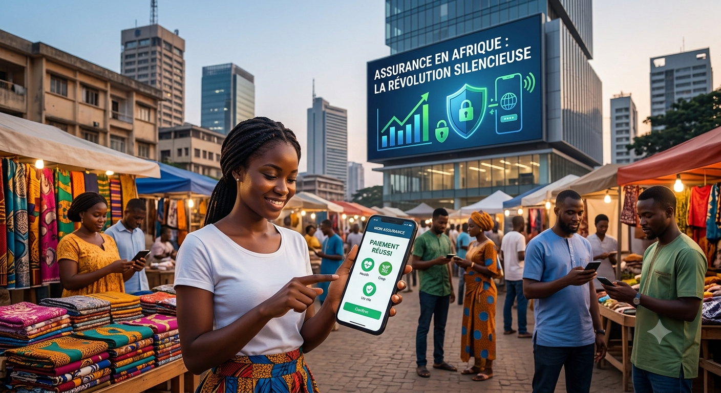 Smiling woman at an outdoor market points to her phone showing a successful payment screen with 'Paiement Réussi'.