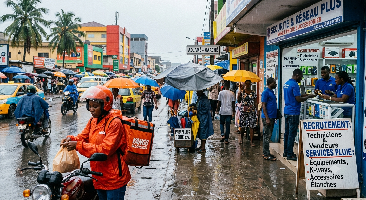 Delivery rider in orange jacket and helmet on a wet street, carrying a brown bag near a busy market storefronts under colorful umbrellas.