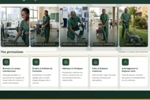 Ivoire Nitescence Services banner with a green gradient, tagline, and five images of cleaners in green uniforms in offices, schools, clinics, common areas, and outdoor spaces.