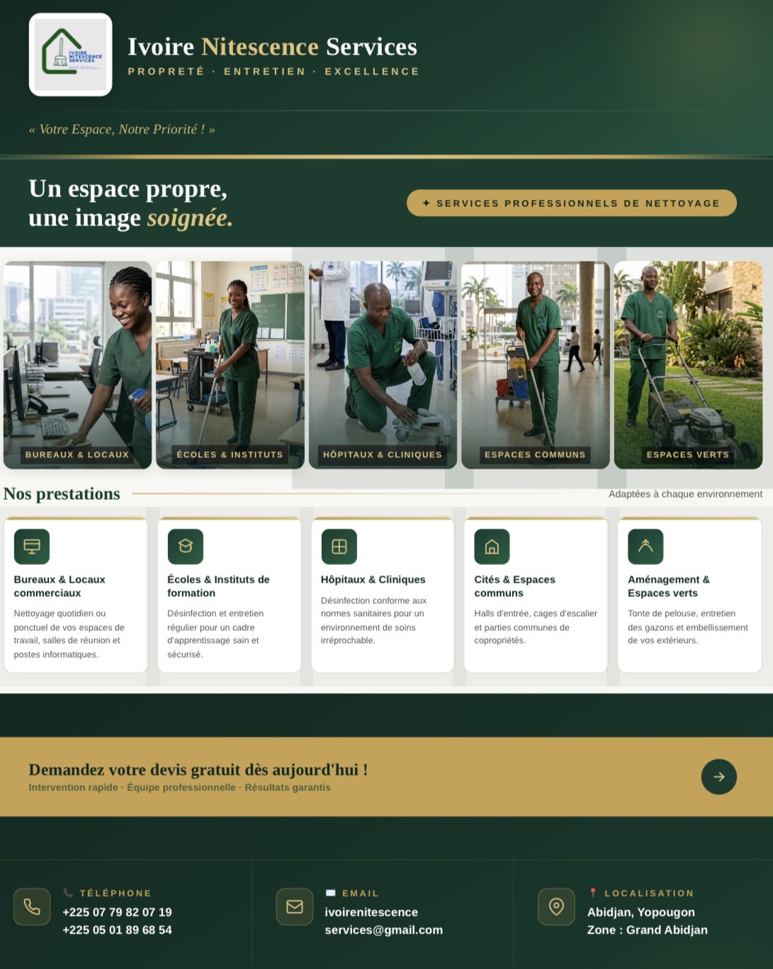 Ivoire Nitescence Services banner with a green gradient, tagline, and five images of cleaners in green uniforms in offices, schools, clinics, common areas, and outdoor spaces.