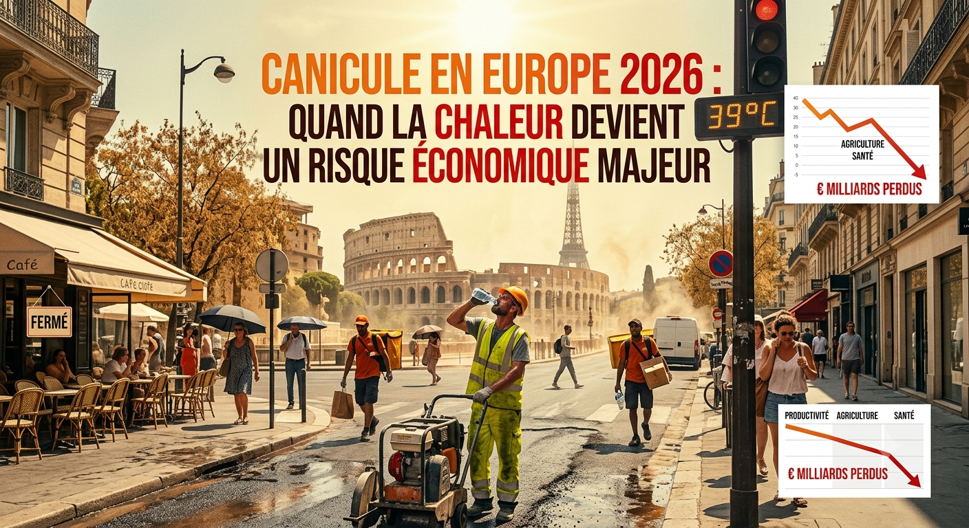 Urban European street scene with workers cooling off in the heat; bold French headline proclaims heatwave as a major economic risk, with inset charts showing losses.