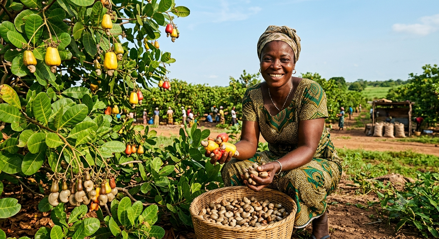 Smiling woman in traditional dress sits by a cashew tree, sorting nuts into a woven basket.